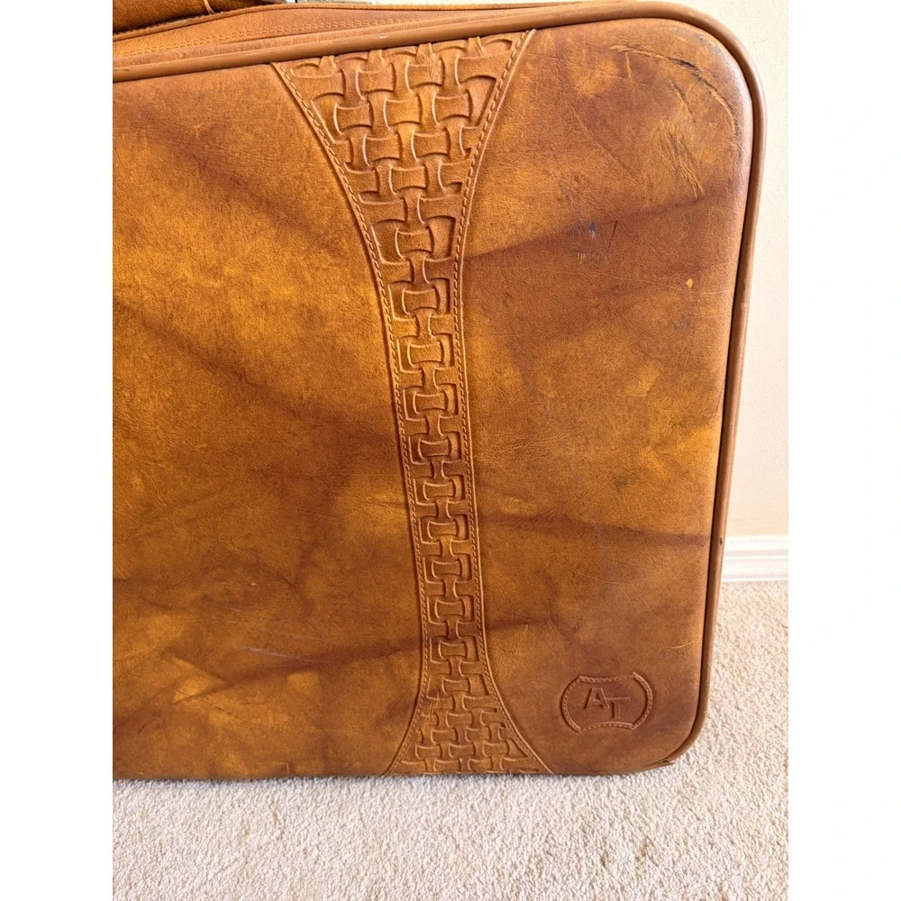 Vintage American Tourister 2 Piece Luggage Set Brown Faux Leather Woven Detail